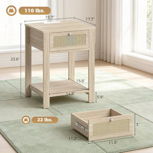 English Elm 2Pcs Farmhouse Nightstands with Charging Station Rattan Drawer and Open Shelf T3971P551690