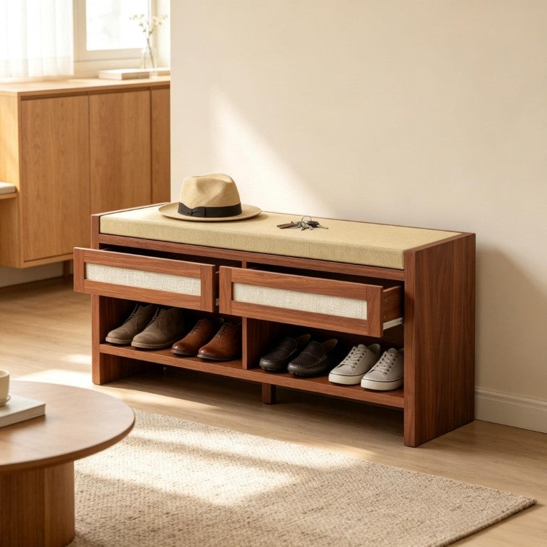 English Elm Brown Rattan Entryway Bench with Foam Cushion Dual Drawers and Open Shoe Shelf T3971P551812