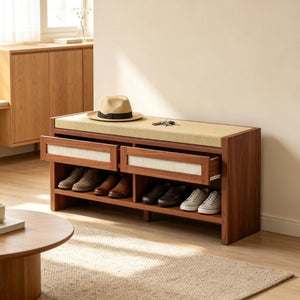 English Elm Brown Rattan Entryway Bench with Foam Cushion Dual Drawers and Open Shoe Shelf T3971P551812
