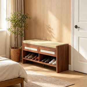 English Elm Brown Rattan Entryway Bench with Foam Cushion Dual Drawers and Open Shoe Shelf T3971P551812