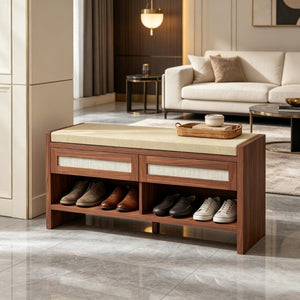 English Elm Brown Rattan Entryway Bench with Foam Cushion Dual Drawers and Open Shoe Shelf T3971P551812