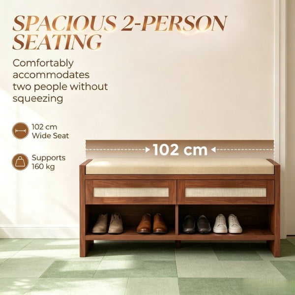 English Elm Brown Rattan Entryway Bench with Foam Cushion Dual Drawers and Open Shoe Shelf T3971P551812