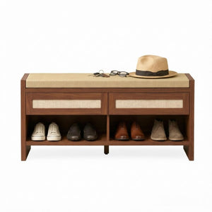 English Elm Brown Rattan Entryway Bench with Foam Cushion Dual Drawers and Open Shoe Shelf T3971P551812