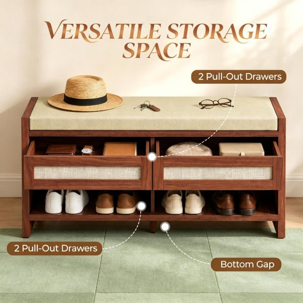 English Elm Brown Rattan Entryway Bench with Foam Cushion Dual Drawers and Open Shoe Shelf T3971P551812