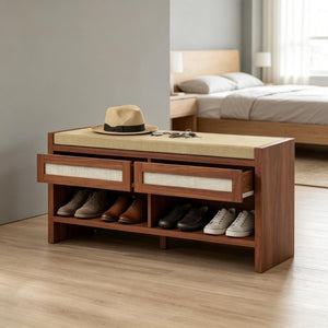 English Elm Brown Rattan Entryway Bench with Foam Cushion Dual Drawers and Open Shoe Shelf T3971P551812