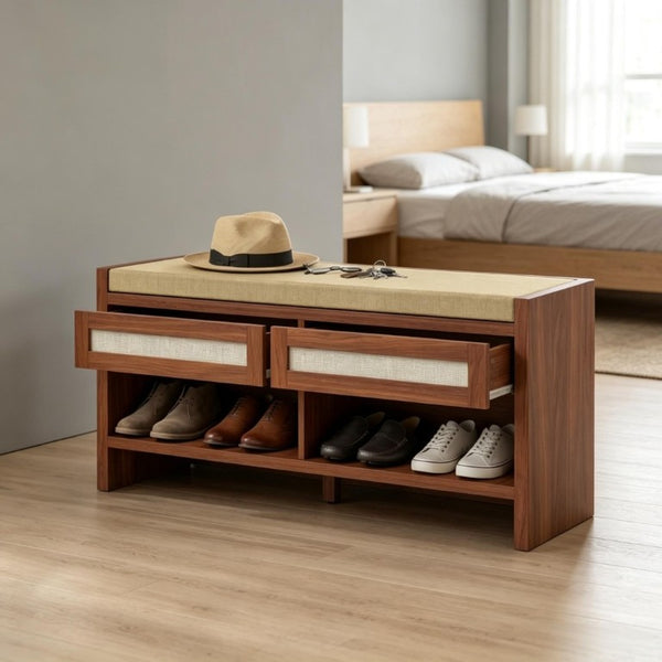 English Elm Brown Rattan Entryway Bench with Foam Cushion Dual Drawers and Open Shoe Shelf T3971P551812