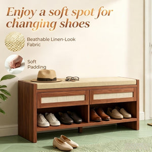 English Elm Brown Rattan Entryway Bench with Foam Cushion Dual Drawers and Open Shoe Shelf T3971P551812
