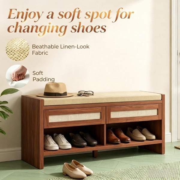 English Elm Brown Rattan Entryway Bench with Foam Cushion Dual Drawers and Open Shoe Shelf T3971P551812