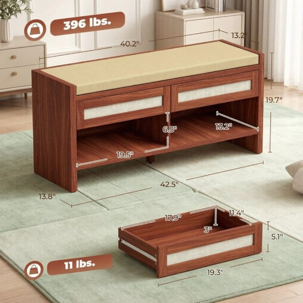 English Elm Brown Rattan Entryway Bench with Foam Cushion Dual Drawers and Open Shoe Shelf T3971P551812