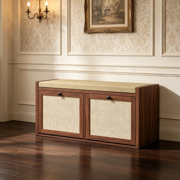 English Elm Shoe Storage Bench with Rattan Doors Padded Linen Seat for Entryway Hallway T3971P551818