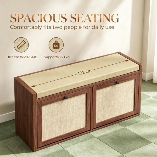 English Elm Shoe Storage Bench with Rattan Doors Padded Linen Seat for Entryway Hallway T3971P551818
