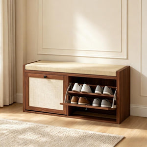 English Elm Shoe Storage Bench with Rattan Doors Padded Linen Seat for Entryway Hallway T3971P551818