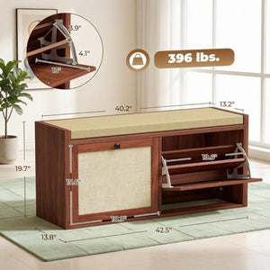 English Elm Shoe Storage Bench with Rattan Doors Padded Linen Seat for Entryway Hallway T3971P551818