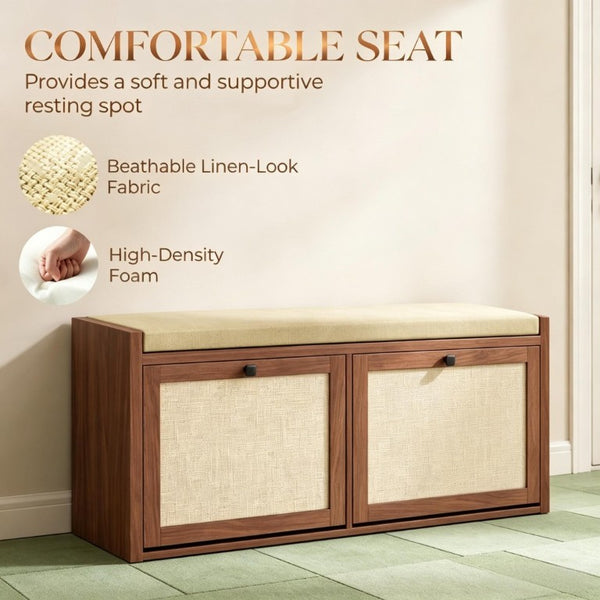 English Elm Shoe Storage Bench with Rattan Doors Padded Linen Seat for Entryway Hallway T3971P551818