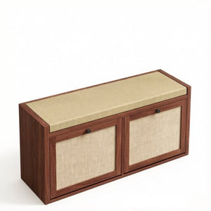 English Elm Shoe Storage Bench with Rattan Doors Padded Linen Seat for Entryway Hallway T3971P551818