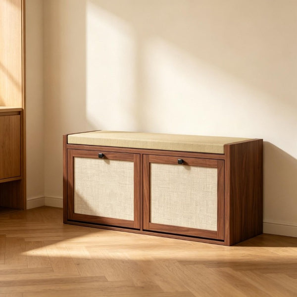 English Elm Shoe Storage Bench with Rattan Doors Padded Linen Seat for Entryway Hallway T3971P551818