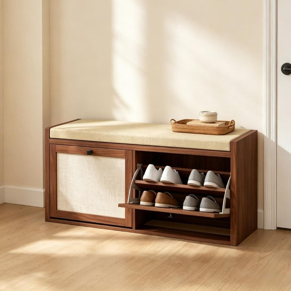 English Elm Shoe Storage Bench with Rattan Doors Padded Linen Seat for Entryway Hallway T3971P551818