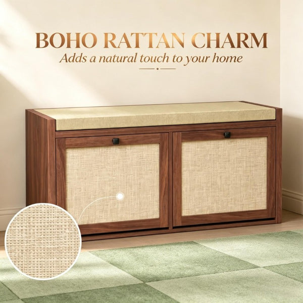 English Elm Shoe Storage Bench with Rattan Doors Padded Linen Seat for Entryway Hallway T3971P551818