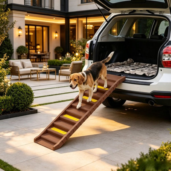 English Elm Foldable Pet Ramp with Ten Non-Slip Steps for Cars Trucks and Home Furniture T3971P551831