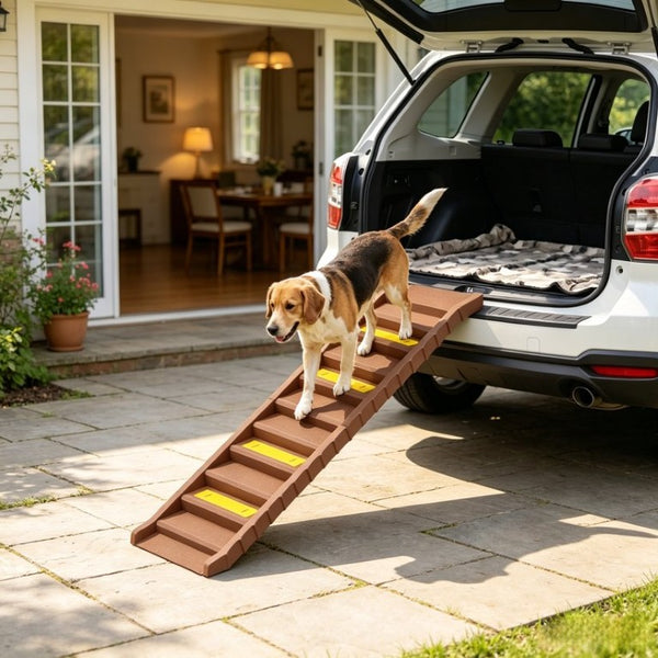 English Elm Foldable Pet Ramp with Ten Non-Slip Steps for Cars Trucks and Home Furniture T3971P551831