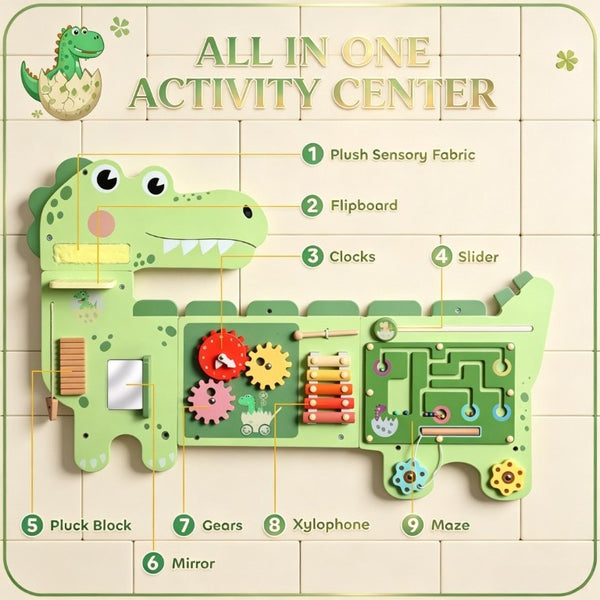 English Elm Engaging Dinosaur Wall Mounted Activity Board for Kids Playroom with Xylophone Panel T3971P553323