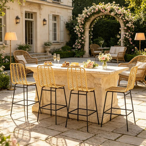 English Elm Set of 4 Woven PE Rattan Counter Barstools with Powder Coated Steel Frame Boho Kitchen T3971P553489