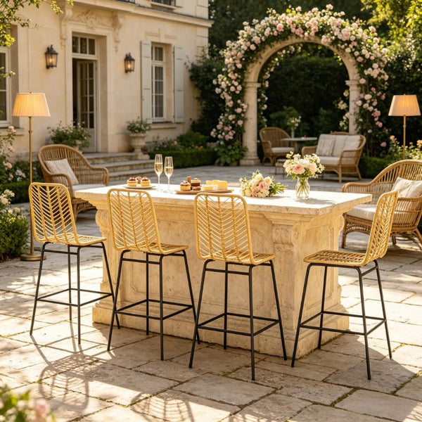 English Elm Set of 4 Woven PE Rattan Counter Barstools with Powder Coated Steel Frame Boho Kitchen T3971P553489