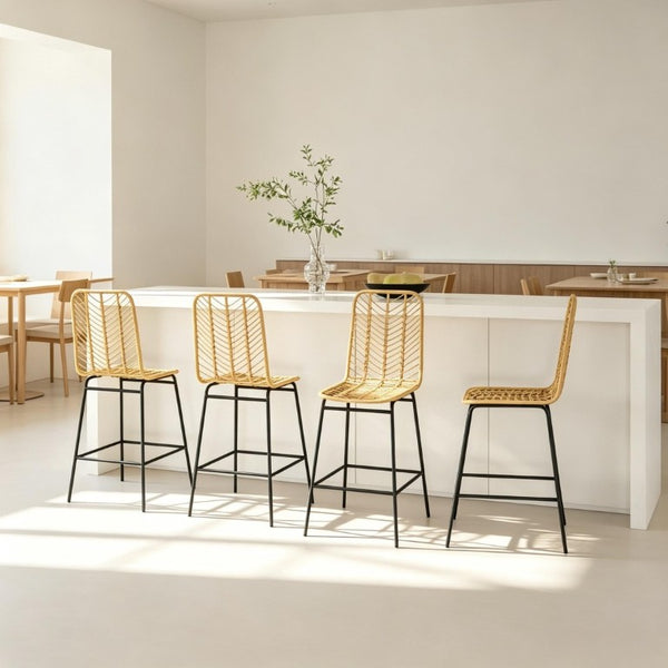 English Elm Set of 4 Woven PE Rattan Counter Barstools with Powder Coated Steel Frame Boho Kitchen T3971P553489