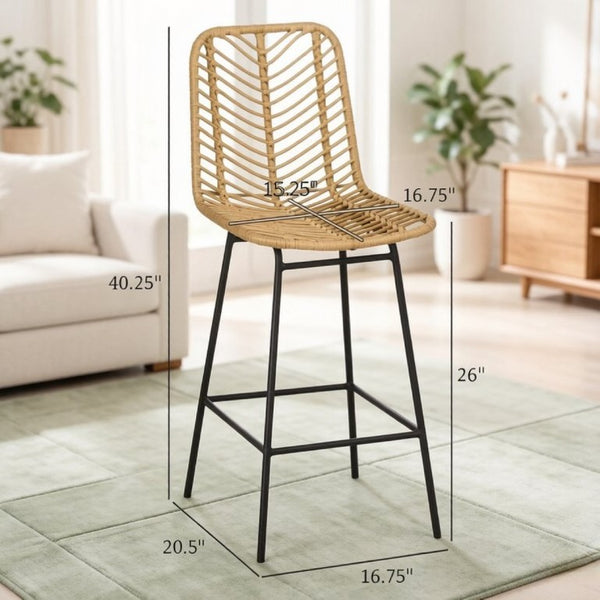 English Elm Set of 4 Woven PE Rattan Counter Barstools with Powder Coated Steel Frame Boho Kitchen T3971P553489
