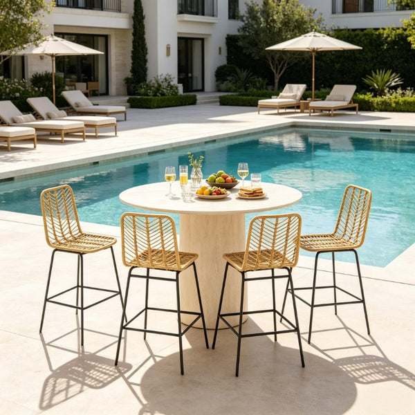 English Elm Set of 4 Woven PE Rattan Counter Barstools with Powder Coated Steel Frame Boho Kitchen T3971P553489