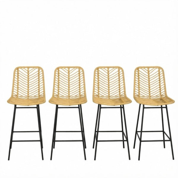 English Elm Set of 4 Woven PE Rattan Counter Barstools with Powder Coated Steel Frame Boho Kitchen T3971P553489