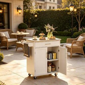 English Elm Mobile Rubberwood Kitchen Cart with Drawer Cabinet Rolling Casters and Towel Rack T3971P553506
