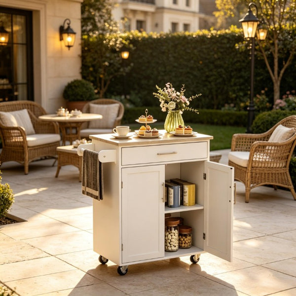 English Elm Mobile Rubberwood Kitchen Cart with Drawer Cabinet Rolling Casters and Towel Rack T3971P553506