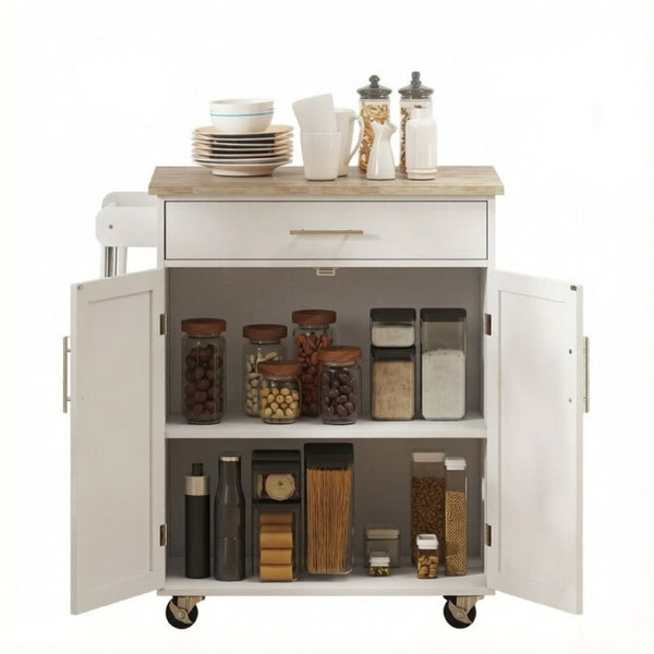 English Elm Mobile Rubberwood Kitchen Cart with Drawer Cabinet Rolling Casters and Towel Rack T3971P553506