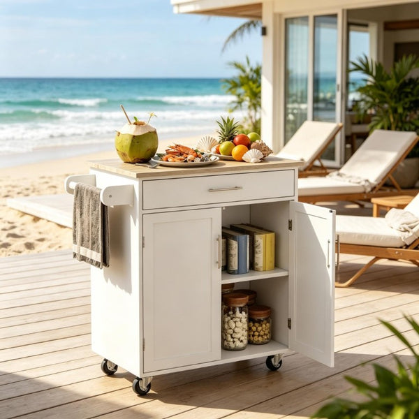 English Elm Mobile Rubberwood Kitchen Cart with Drawer Cabinet Rolling Casters and Towel Rack T3971P553506