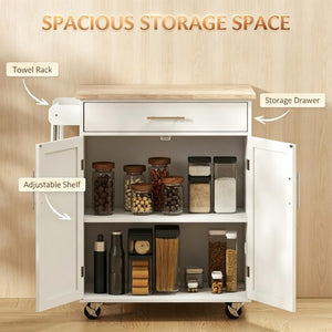 English Elm Mobile Rubberwood Kitchen Cart with Drawer Cabinet Rolling Casters and Towel Rack T3971P553506