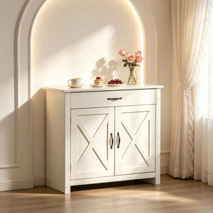English Elm Versatile Farmhouse Sideboard with Barn Sliding Doors Distressed White Finish Storage T3971P553532