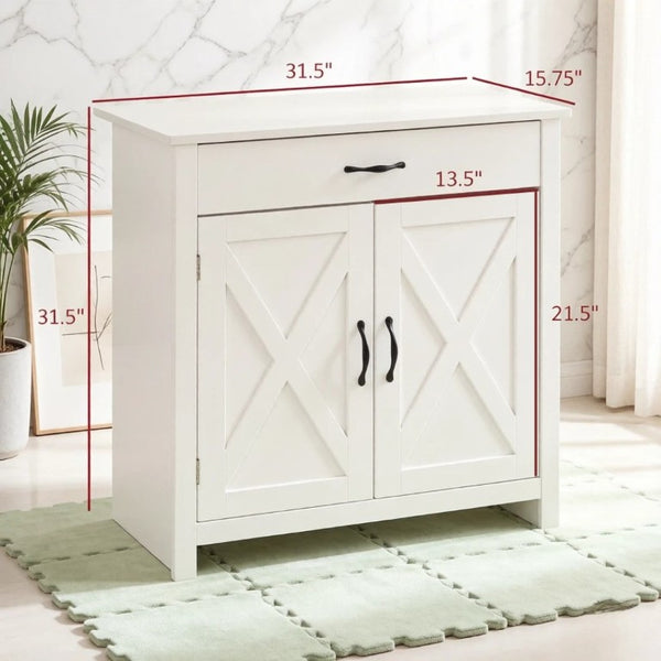 English Elm Versatile Farmhouse Sideboard with Barn Sliding Doors Distressed White Finish Storage T3971P553532
