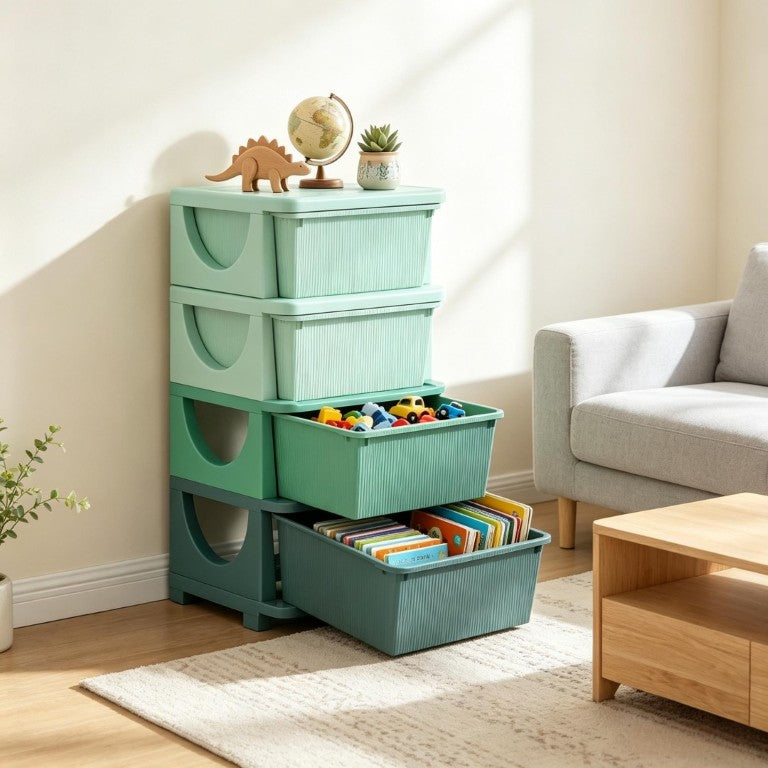 English Elm Modern Four Drawer Kids Playroom Tower Polypropylene Vertical Toy Storage Unit T3971P555048
