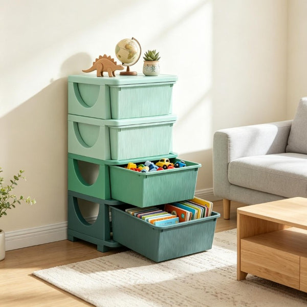 English Elm Modern Four Drawer Kids Playroom Tower Polypropylene Vertical Toy Storage Unit T3971P555048