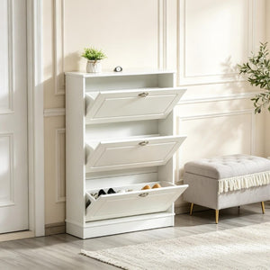 English Elm Narrow White Entryway Shoe Cabinet with Three Flip Panels Storing 12 Pairs T3971P555288