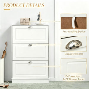 English Elm Narrow White Entryway Shoe Cabinet with Three Flip Panels Storing 12 Pairs T3971P555288