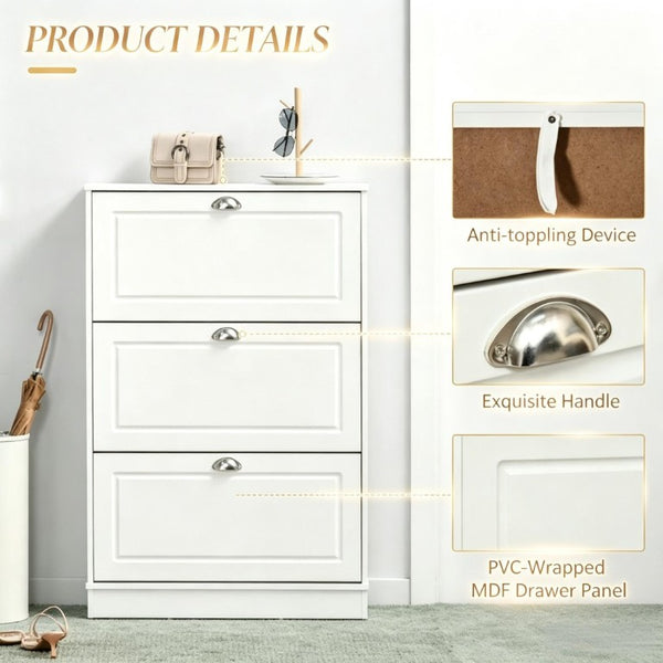 English Elm Narrow White Entryway Shoe Cabinet with Three Flip Panels Storing 12 Pairs T3971P555288