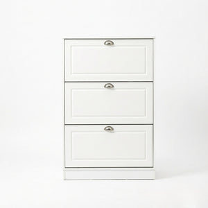 English Elm Narrow White Entryway Shoe Cabinet with Three Flip Panels Storing 12 Pairs T3971P555288