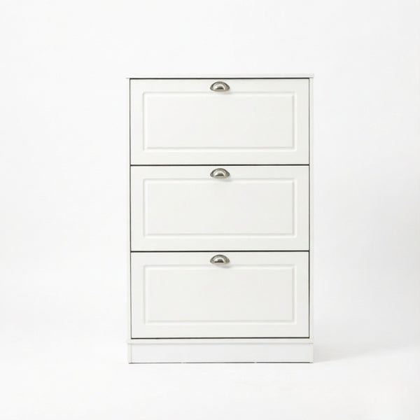 English Elm Narrow White Entryway Shoe Cabinet with Three Flip Panels Storing 12 Pairs T3971P555288