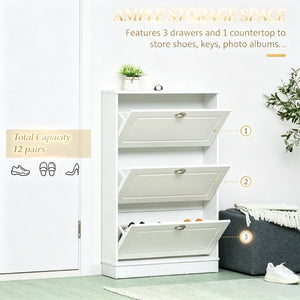 English Elm Narrow White Entryway Shoe Cabinet with Three Flip Panels Storing 12 Pairs T3971P555288