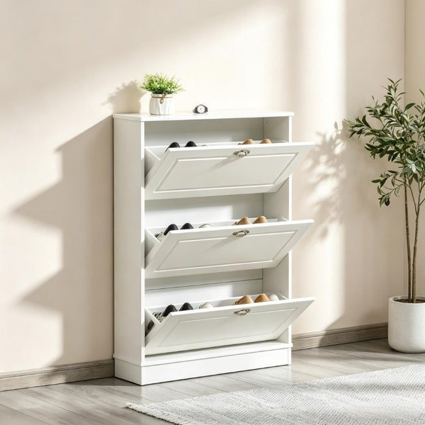 English Elm Narrow White Entryway Shoe Cabinet with Three Flip Panels Storing 12 Pairs T3971P555288