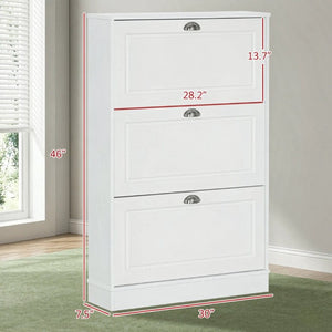 English Elm Narrow White Entryway Shoe Cabinet with Three Flip Panels Storing 12 Pairs T3971P555288