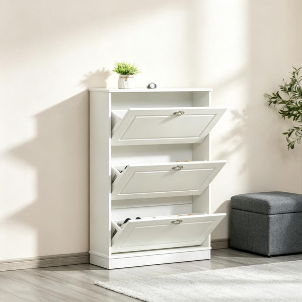 English Elm Narrow White Entryway Shoe Cabinet with Three Flip Panels Storing 12 Pairs T3971P555288