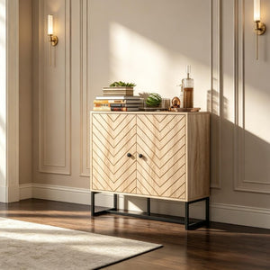 English Elm Modern Chevron Door Sideboard with Oak Finish Steel Base and Adjustable Interior Shelf T3971P555293